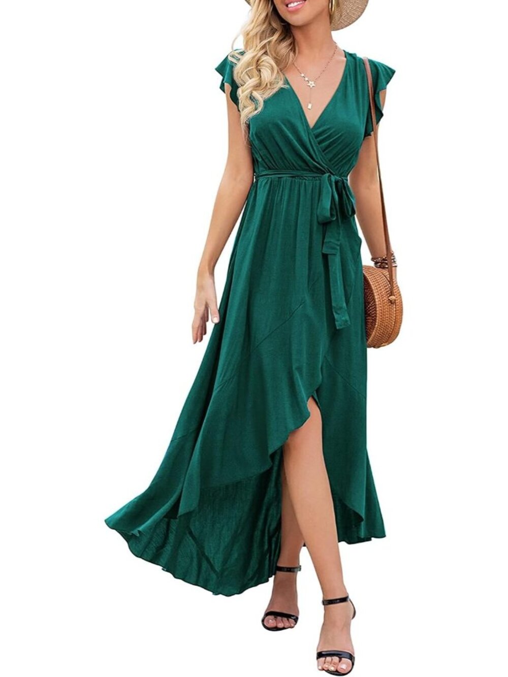 Women's Dark Green Boho Beach Vacation Wrap V Neck Summer Long Maxi Dress